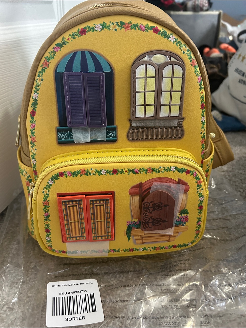 Interactive Loungefly Yellow Backpack with Disney Princess Windows